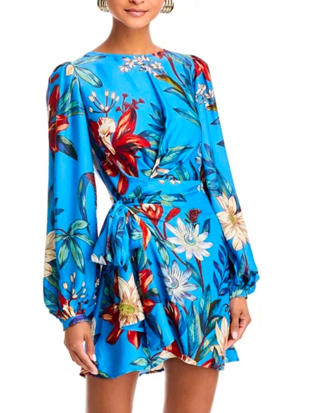 $270 Nwt Farm Rio Satin Surreal Flowers Long Sleeve Faux Wrap Dress Size S Bow